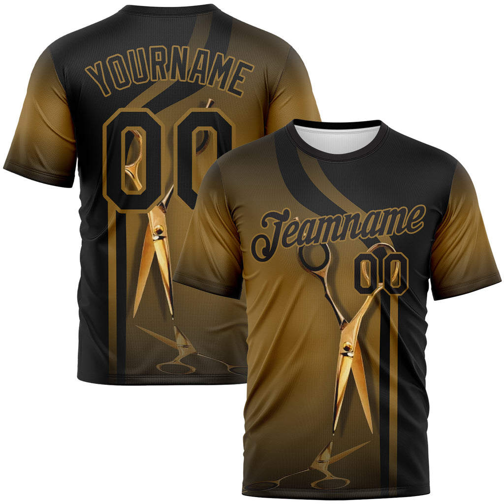 Custom Black-Old Gold 3D Pattern Scissors Barber Shop Performance T-Shirt