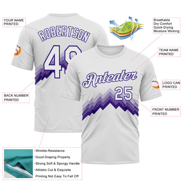 Custom White-Dark Purple 3D Pattern Zigzag Step Fade Effect Performance T-Shirt