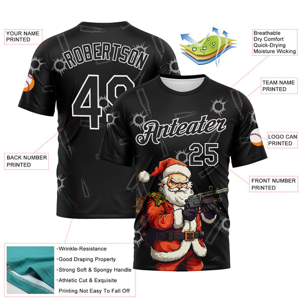 Custom Black Orange-White 3D Pattern Christmas Bad Santa Performance T-Shirt