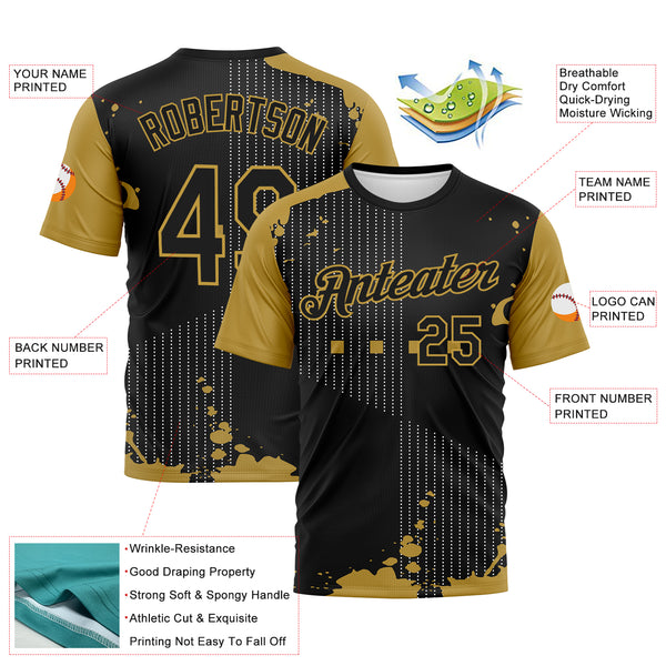 Custom Black-Old Gold 3D Pattern Splatter Dot Matrix Performance T-Shirt
