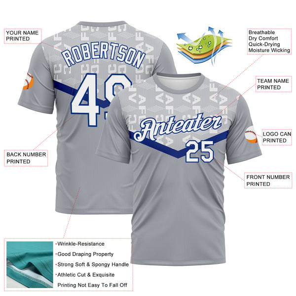Custom Gray White-Royal 3D Pattern Geometric Letter Chevron Stripe Performance T-Shirt