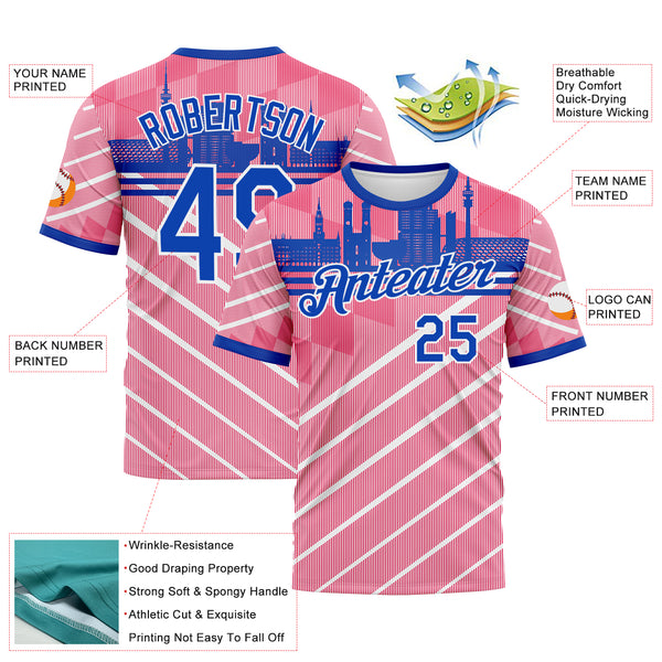 Custom Neon Pink Thunder Blue-White 3D Pattern Munich Skyline Diagonal Stripe Performance T-Shirt