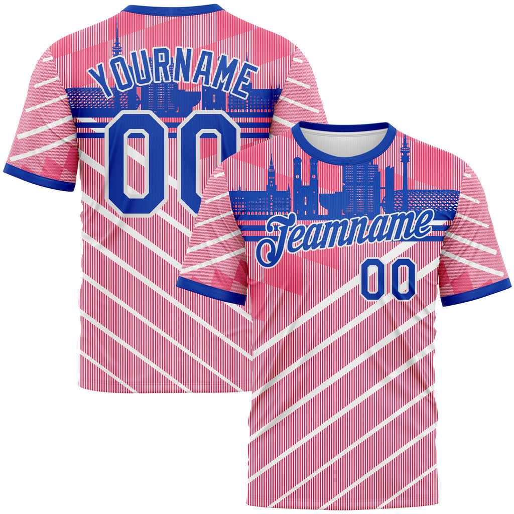 Custom Neon Pink Thunder Blue-White 3D Pattern Munich Skyline Diagonal Stripe Performance T-Shirt