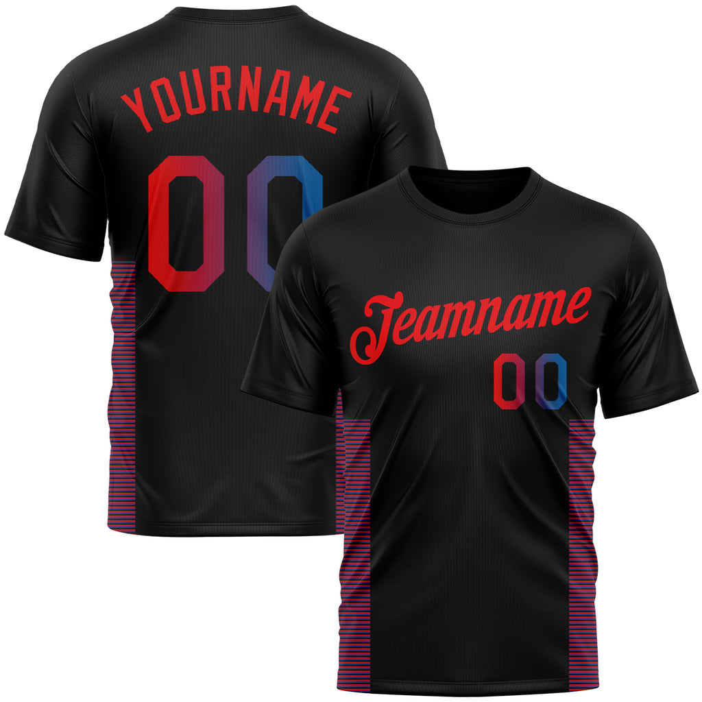 Custom Black Blue-Fire Red 3D Pattern Lineal Performance T-Shirt