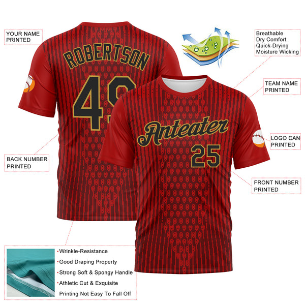 Custom Red Black-Old Gold 3D Pattern Pixel Vertical Stripe Hexagon Performance T-Shirt