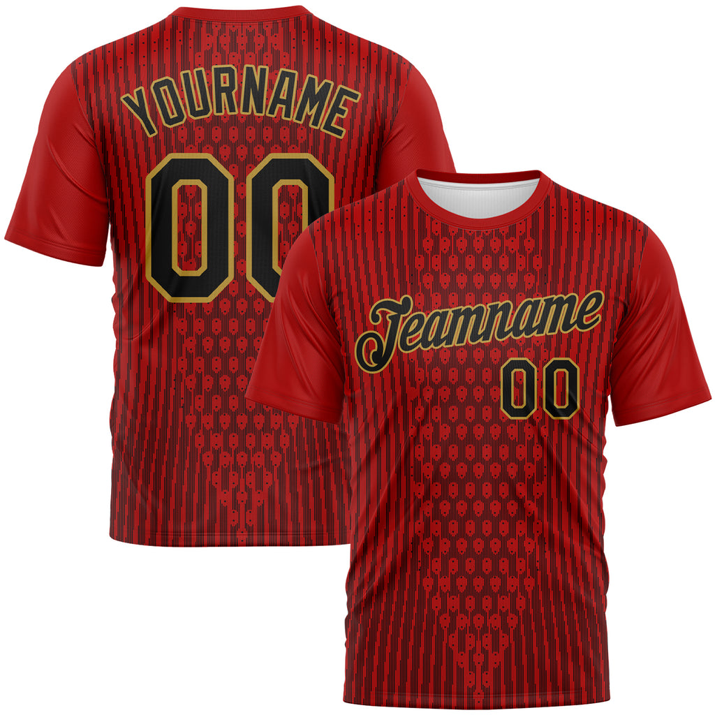 Custom Red Black-Old Gold 3D Pattern Pixel Vertical Stripe Hexagon Performance T-Shirt