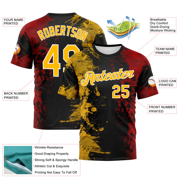 Custom Gold Black Red-White 3D Pattern Ink Splash Duotono Style Performance T-Shirt