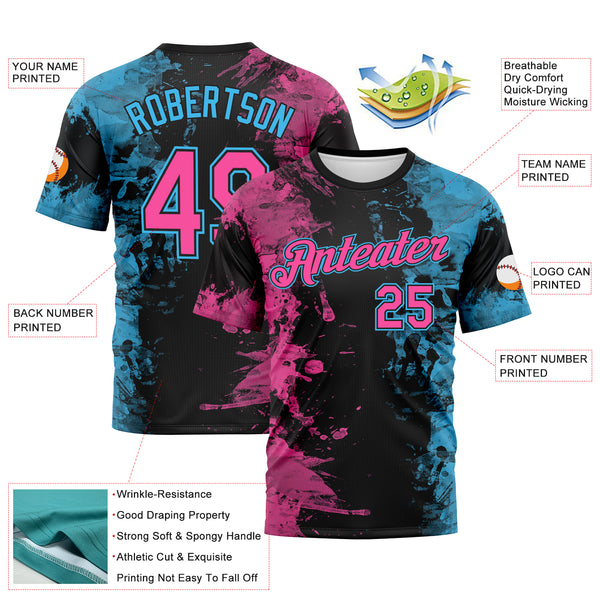 Custom Pink Black-Sky Blue 3D Pattern Ink Splash Duotono Style Performance T-Shirt