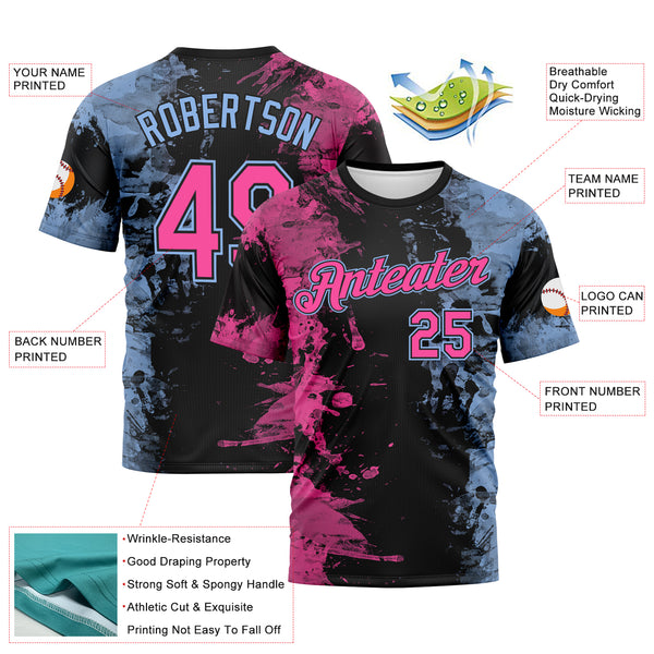 Custom Pink Black-Light Blue 3D Pattern Ink Splash Duotono Style Performance T-Shirt