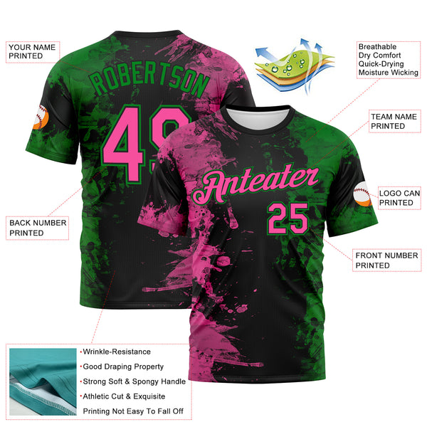 Custom Pink Black-Grass Green 3D Pattern Ink Splash Duotono Style Performance T-Shirt
