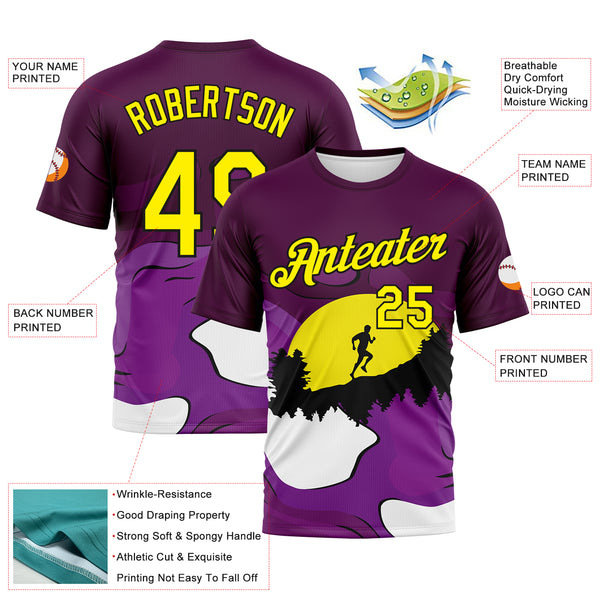 Custom Purple Light Yellow White-Black Brush Stroke Trail Running Mountain Outdoor Sportswear Performance T-Shirt