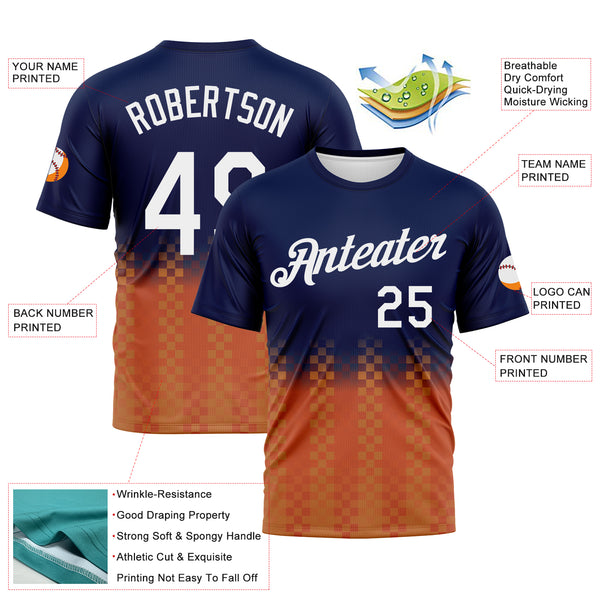 Custom Navy White-Orange Gradient Racing Checkerboard Sportswear Performance T-Shirt
