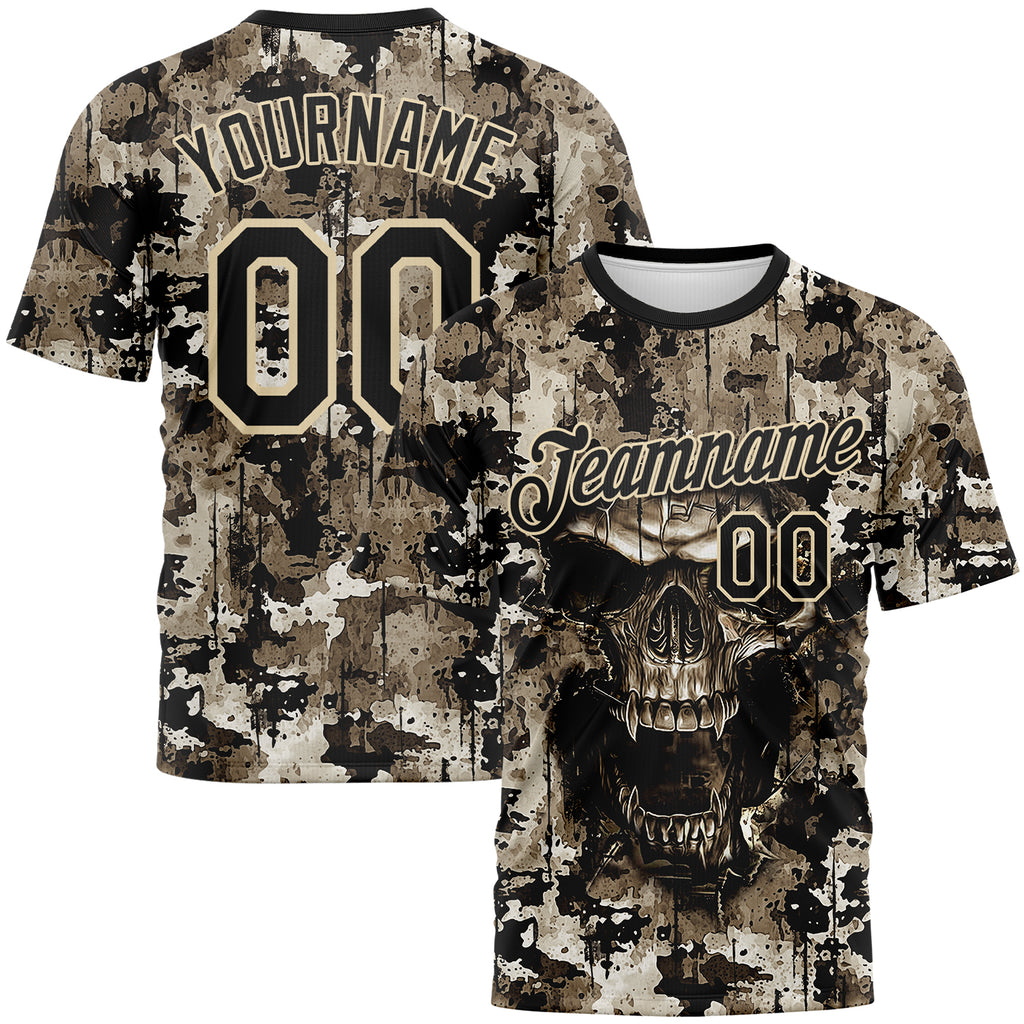 Custom Black-City Cream Skull Gothic Distressed Grunge Splatter Performance T-Shirt