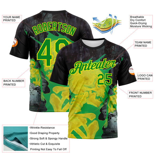Custom Black Light Yellow-Grass Green Skull Gothic Distressed Grunge Performance T-Shirt