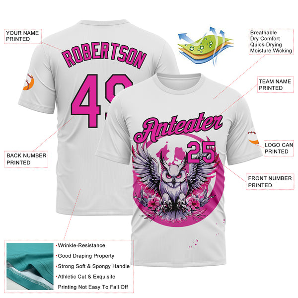 Custom White Deep Pink-Black Animal Owl Mascot Splatter Streetwear Style Performance T-Shirt