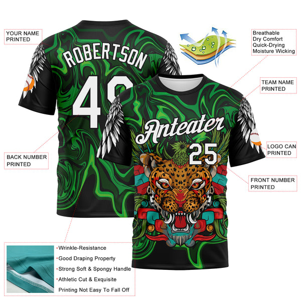 Custom Black White-Green Animal Jaguar Mascot Ethnic Tribal Performance T-Shirt