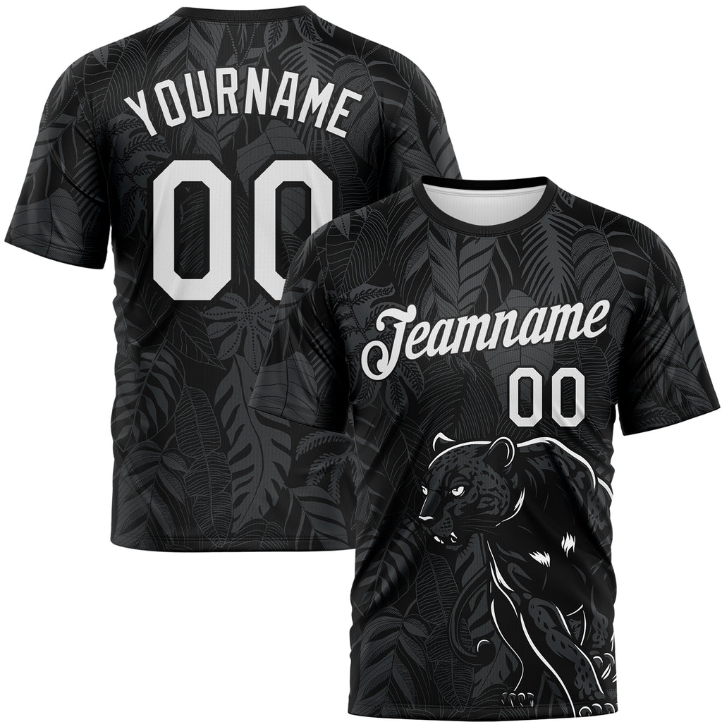 Custom Black White-Gray Animal Panther Mascot Tropical Leaves Performance T-Shirt