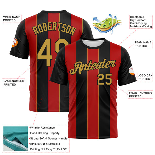 Custom Black Old Gold-Red Stripe Sportswear Performance T-Shirt