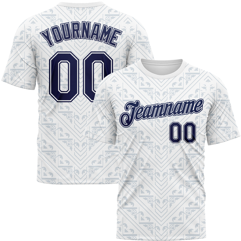 Custom White Navy-Gray Geometric Floral Subtle Sportswear Performance T-Shirt