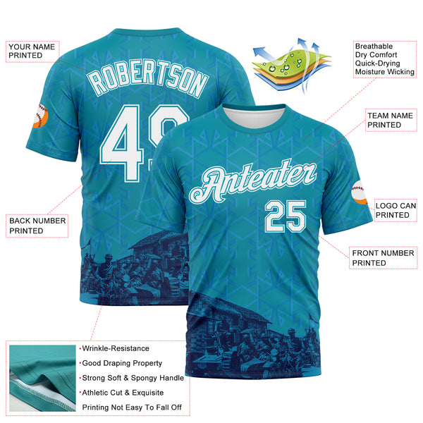 Custom Teal-White Geometric Military Vibe Performance T-Shirt