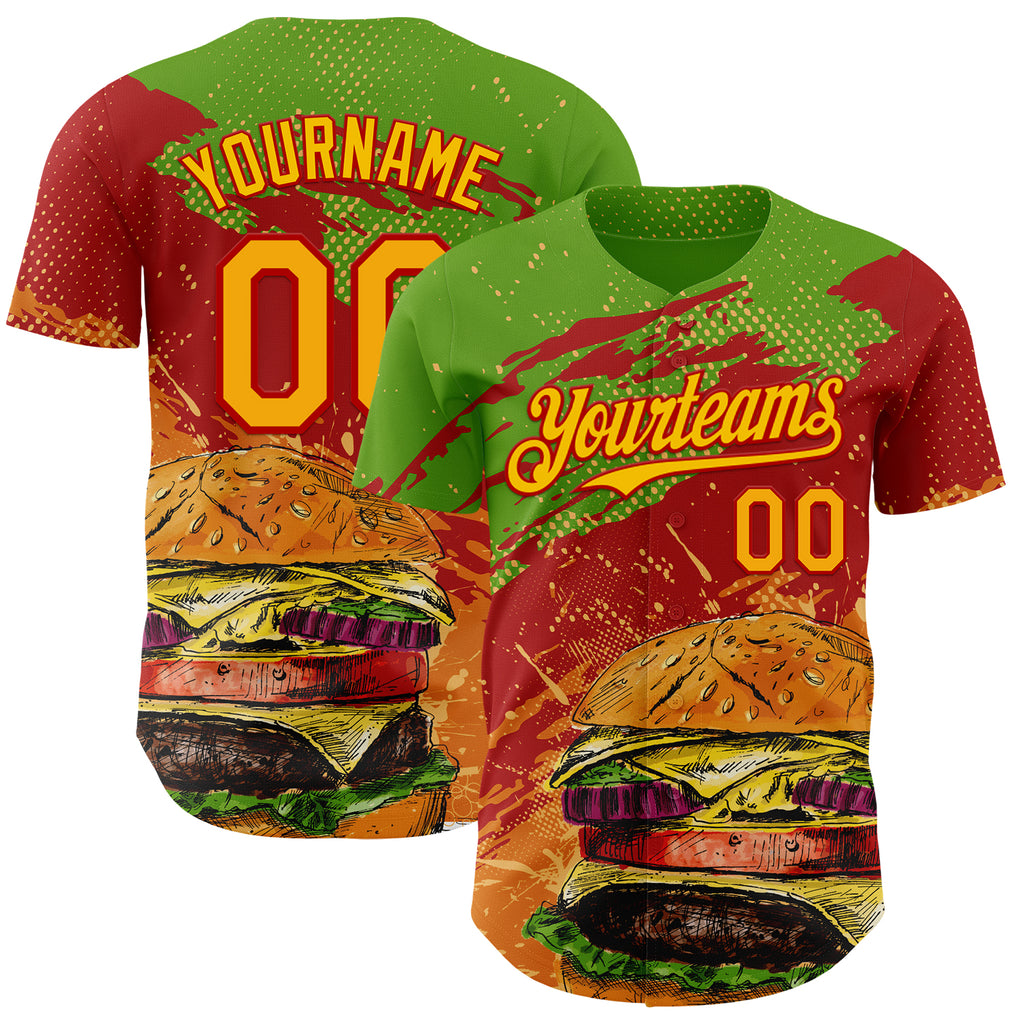 Custom Aurora Green Yellow-Red Foodie Fast Food Burger Authentic Baseball Jersey