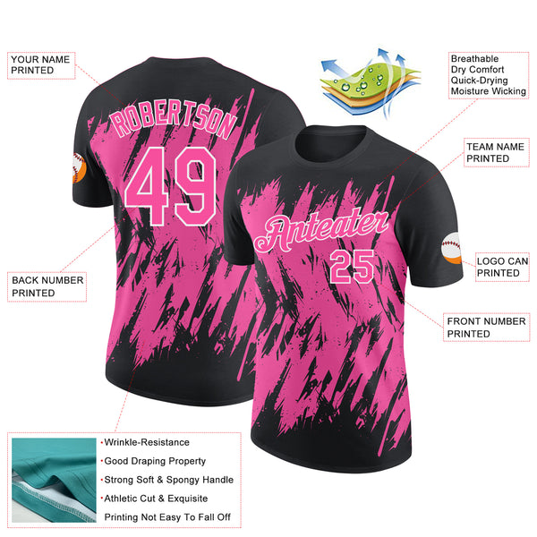Custom Black Pink-White Torn Sharp Brush Stroke Splatter Performance T-Shirt
