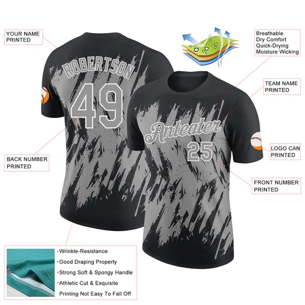 Custom Black Gray-White Torn Sharp Brush Stroke Splatter Performance T-Shirt
