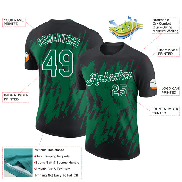 Custom Black Kelly Green-White Torn Sharp Brush Stroke Splatter Performance T-Shirt