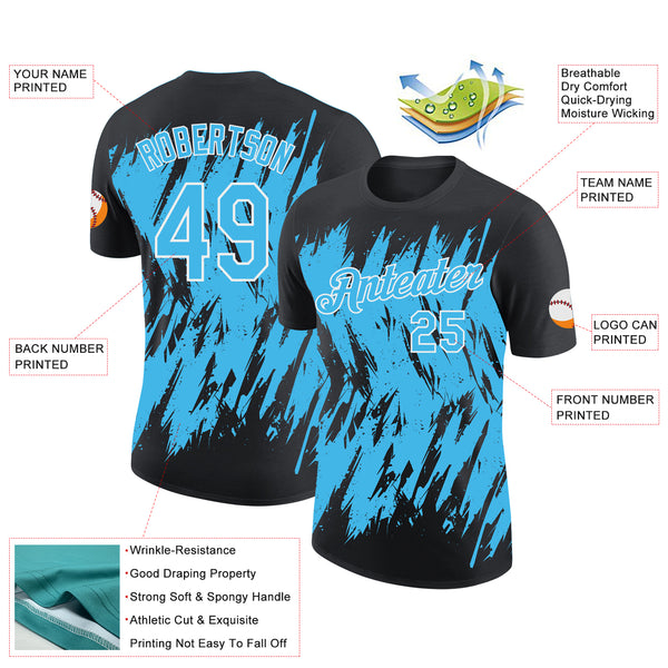 Custom Black Sky Blue-White Torn Sharp Brush Stroke Splatter Performance T-Shirt