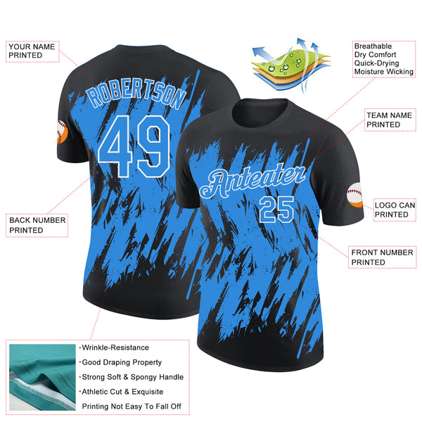 Custom Black Powder Blue-White Torn Sharp Brush Stroke Splatter Performance T-Shirt