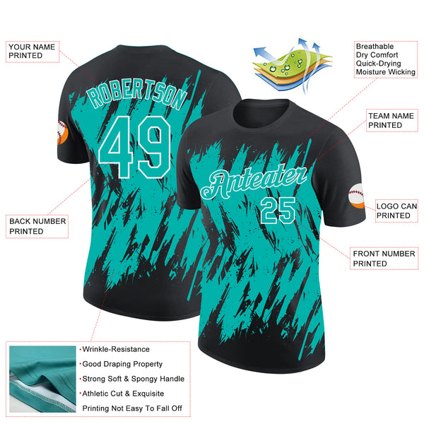 Custom Black Aqua-White Torn Sharp Brush Stroke Splatter Performance T-Shirt