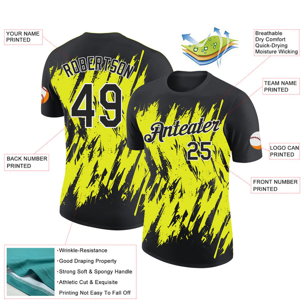 Custom Black Neon Yellow-White Torn Sharp Brush Stroke Splatter Performance T-Shirt