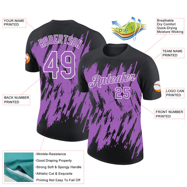 Custom Black Medium Purple-White Torn Sharp Brush Stroke Splatter Performance T-Shirt