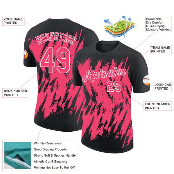 Custom Black Neon Pink-White Torn Sharp Brush Stroke Splatter Performance T-Shirt