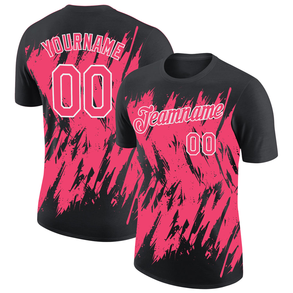 Custom Black Neon Pink-White Torn Sharp Brush Stroke Splatter Performance T-Shirt