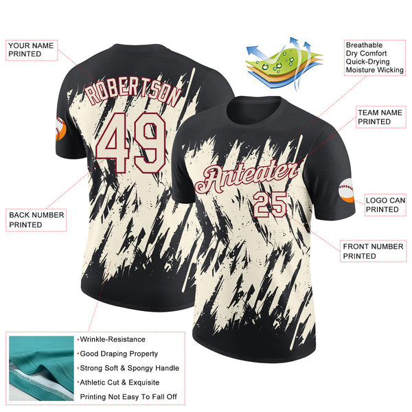 Custom Black Cream-Crimson Torn Sharp Brush Stroke Splatter Performance T-Shirt