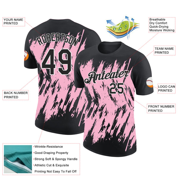 Custom Black Light Pink-White Torn Sharp Brush Stroke Splatter Performance T-Shirt