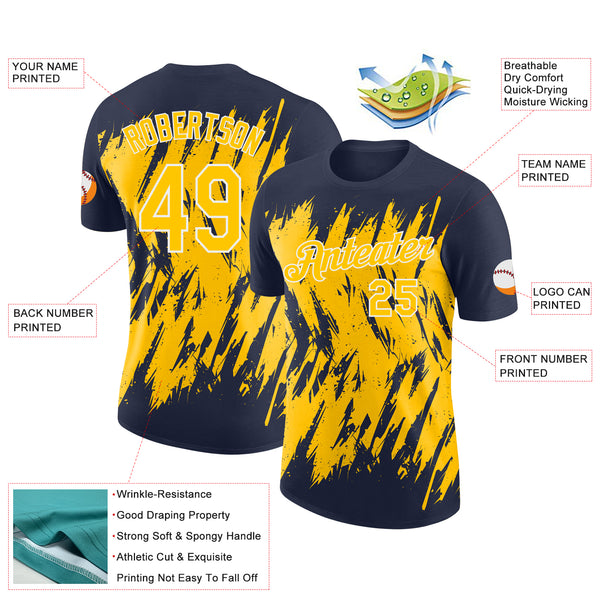 Custom Navy Yellow-White Torn Sharp Brush Stroke Splatter Performance T-Shirt