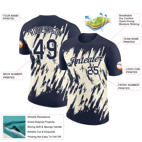 Custom Navy Cream-White Torn Sharp Brush Stroke Splatter Performance T-Shirt
