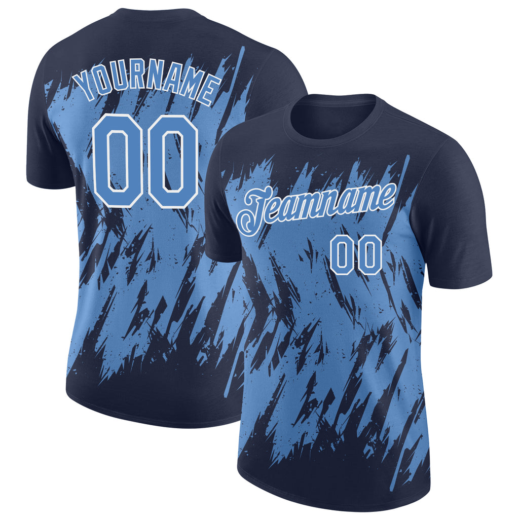Custom Navy Light Blue-White Torn Sharp Brush Stroke Splatter Performance T-Shirt