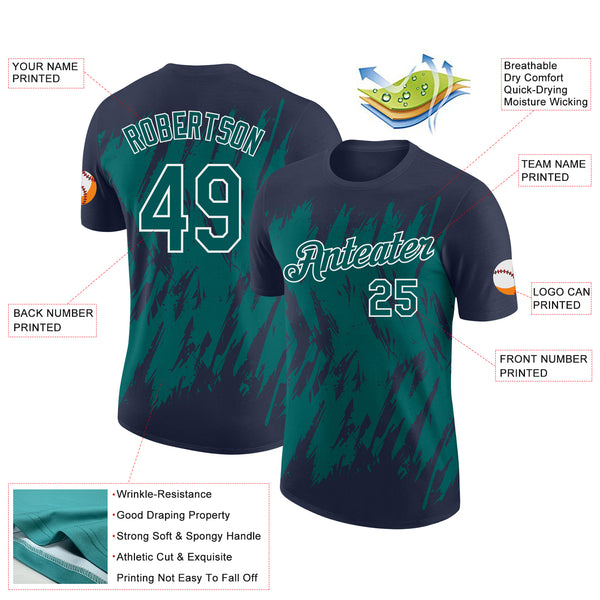 Custom Navy Teal-White Torn Sharp Brush Stroke Splatter Performance T-Shirt