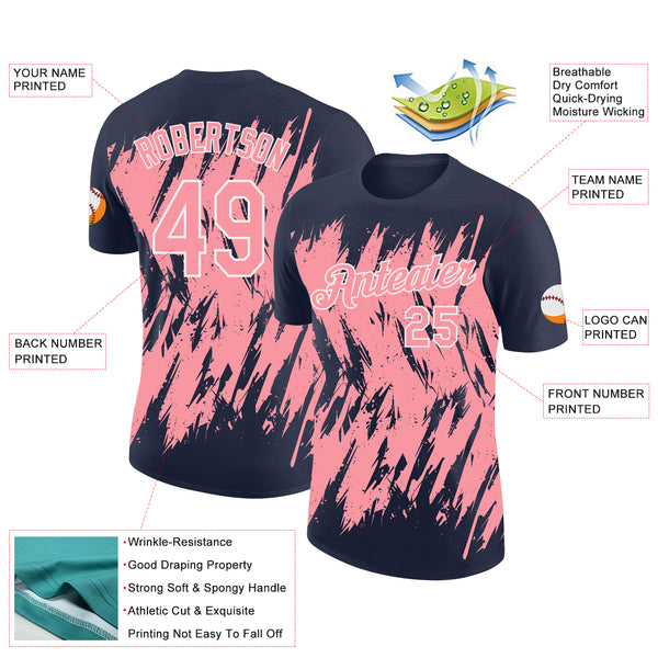 Custom Navy Medium Pink-White Torn Sharp Brush Stroke Splatter Performance T-Shirt