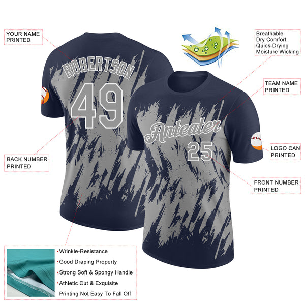 Custom Navy Gray-White Torn Sharp Brush Stroke Splatter Performance T-Shirt