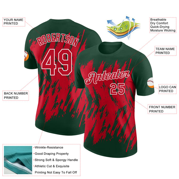 Custom Green Red-White Torn Sharp Brush Stroke Splatter Performance T-Shirt