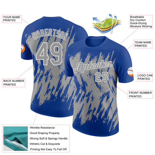 Custom Royal Gray-White Torn Sharp Brush Stroke Splatter Performance T-Shirt