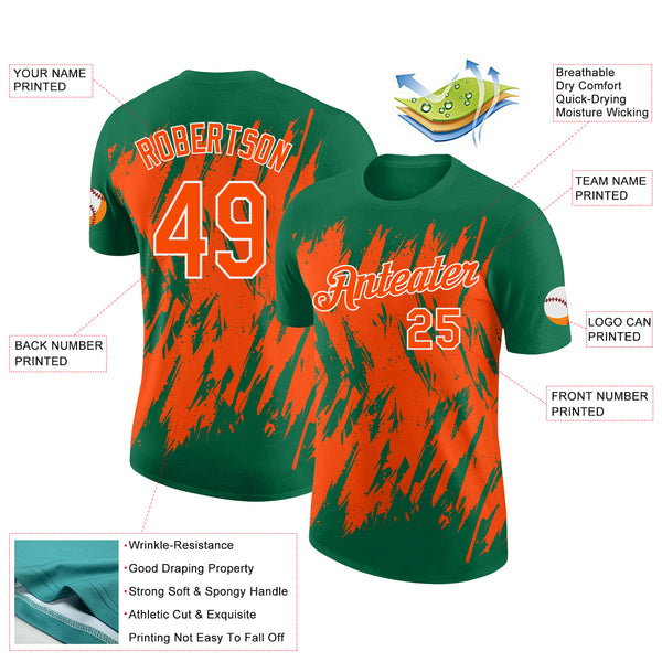 Custom Kelly Green Orange-White Torn Sharp Brush Stroke Splatter Performance T-Shirt