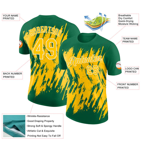 Custom Kelly Green Yellow-White Torn Sharp Brush Stroke Splatter Performance T-Shirt