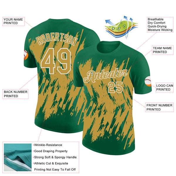 Custom Kelly Green Old Gold-White Torn Sharp Brush Stroke Splatter Performance T-Shirt
