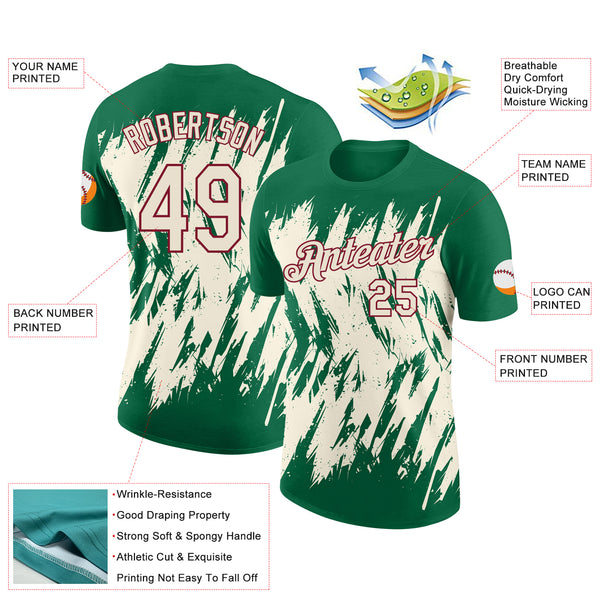 Custom Kelly Green Cream-Crimson Torn Sharp Brush Stroke Splatter Performance T-Shirt