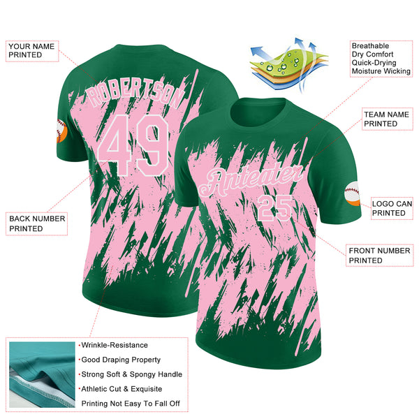 Custom Kelly Green Light Pink-White Torn Sharp Brush Stroke Splatter Performance T-Shirt